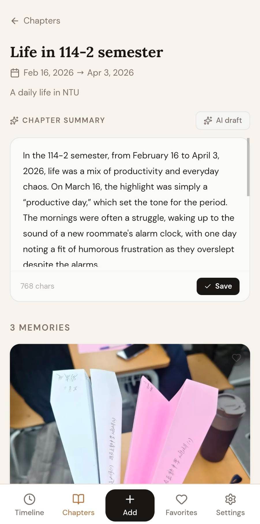 Chapter detail with AI summary and memories