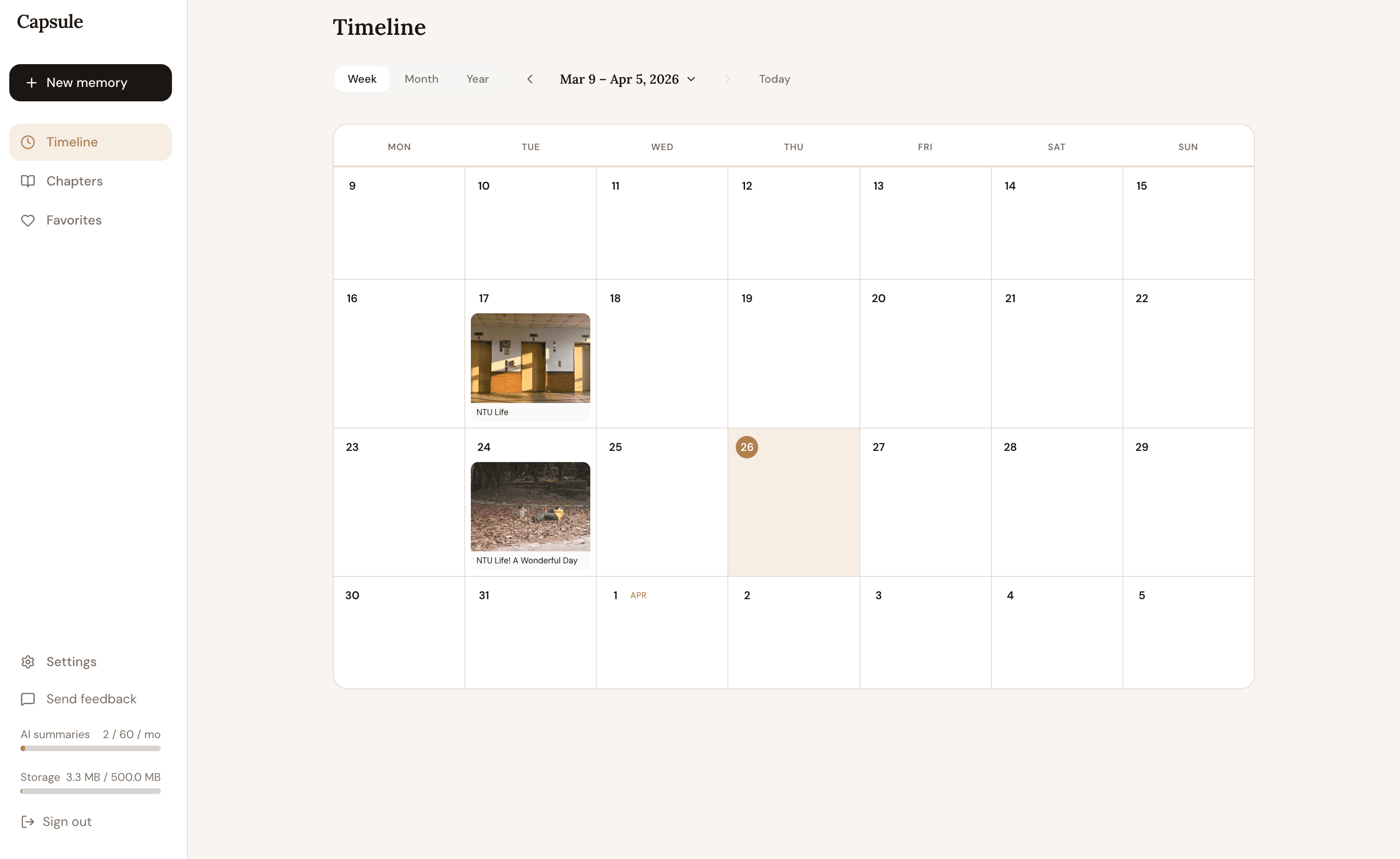 Capsule timeline view — your memories organized by week